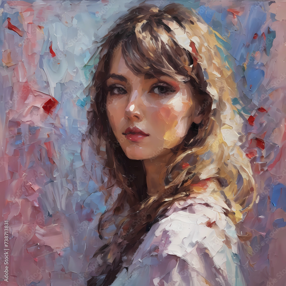 Oil Painting Young Woman  With Long Brown Hair Close Up