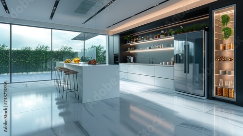 A minimal design kitchen, set with a modern refrigerator. Generative AI.