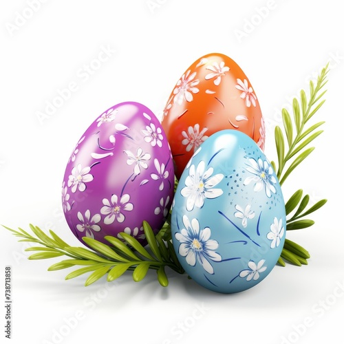 Three painted Easter eggs in purple, orange and blue colors with floral patterns, with green leaves on a white background.