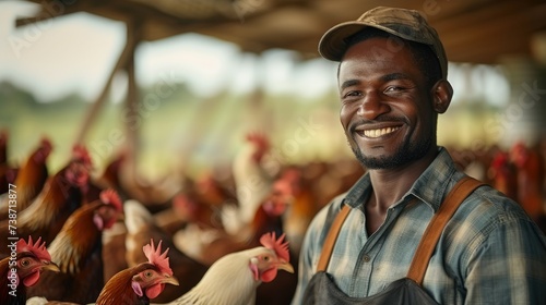 Black man chicken farmer looking over his chicken farm, smiling. Generative AI. © visoot