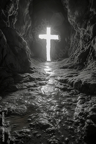 Incandescent Cross Glowing at the End of a Rugged Cave