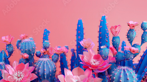 Bright blue cactus plants against a pink background. Generated by artificial intelligence.