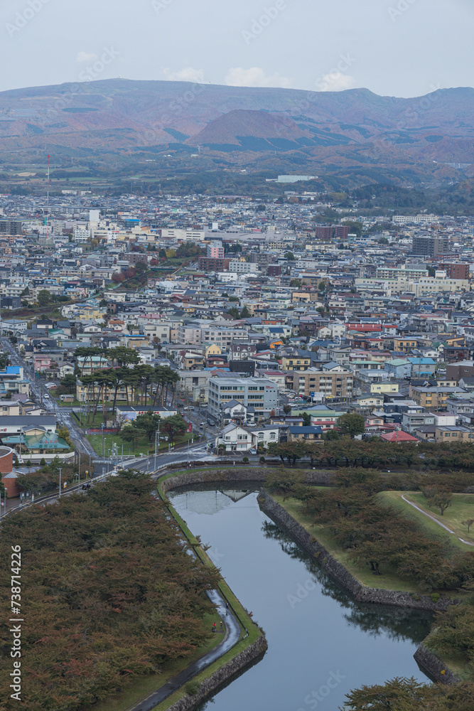 日本　北海道函館市にある五稜郭タワーから見える五稜郭公園と街並み