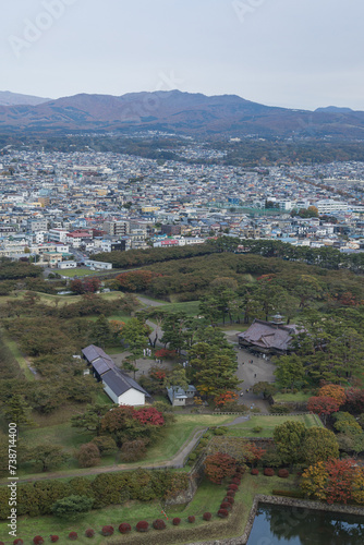 日本 北海道函館市にある五稜郭タワーから見える五稜郭公園と街並み