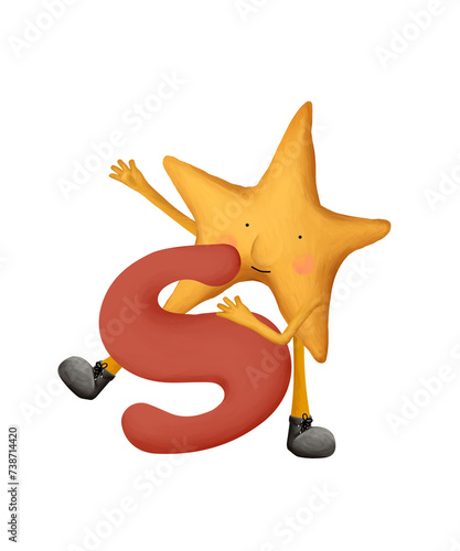 Bright cartoon alphabet. Cute and funny star with letter S. Illustration for kids on white background