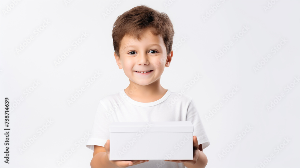 happy little boy holding a box mockup on white background happy little boy holding a box mockup on white background