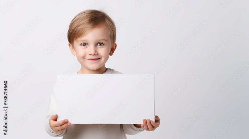 happy little boy holding a box mockup on white background happy little boy holding a box mockup on white background