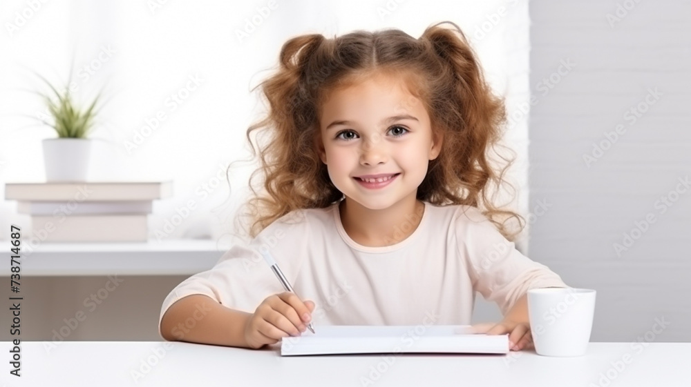 Cute girl doing homework and looking at camera at home Cute girl doing homework and looking at camera at home