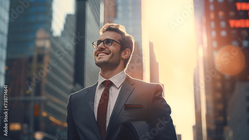 Happy businessman in city at sunrise