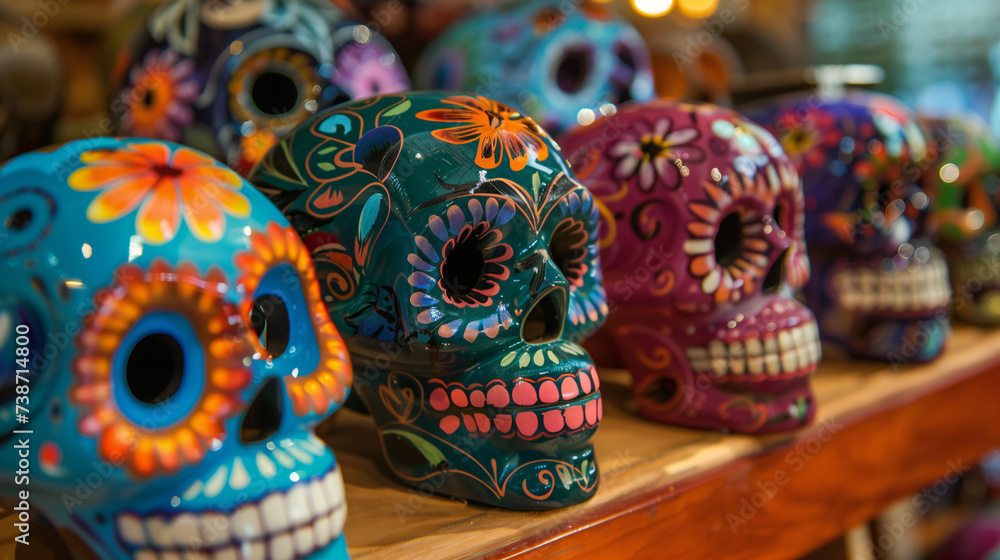 Fototapeta premium A colorful display of sugar skulls next to one another. Generated by artificial intelligence.