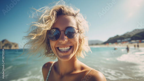 Portrait of happy young woman smiling at camera on beach in summer  vacation concept