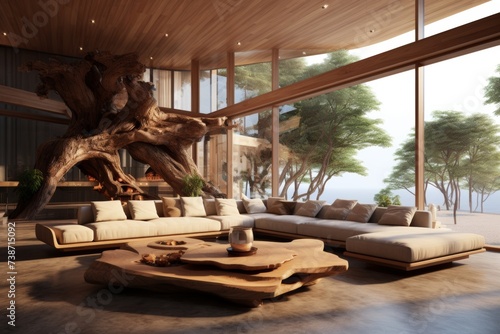 A spacious living room with old tree installation, like a central piece of luxurious interior, surrounded by contemporary furniture, and with large floor-to-ceiling windows