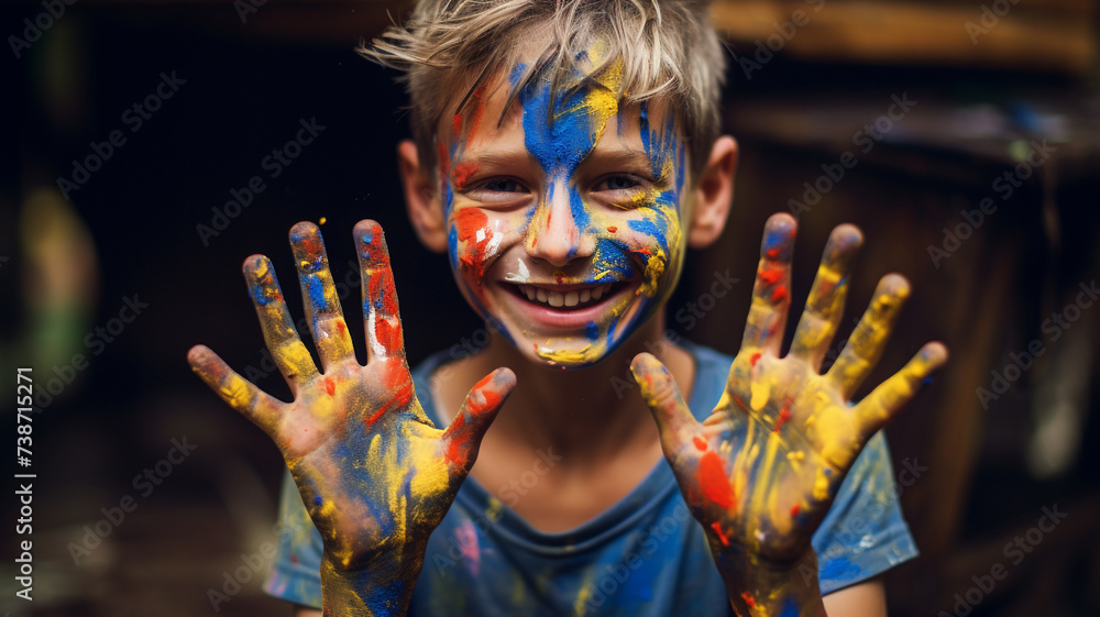 Smiling boy with paint on his hands and face - obrazy, fototapety, plakaty 