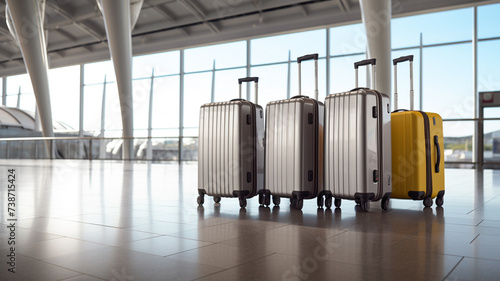 A suitcases in an empty airport hall, vacation concept