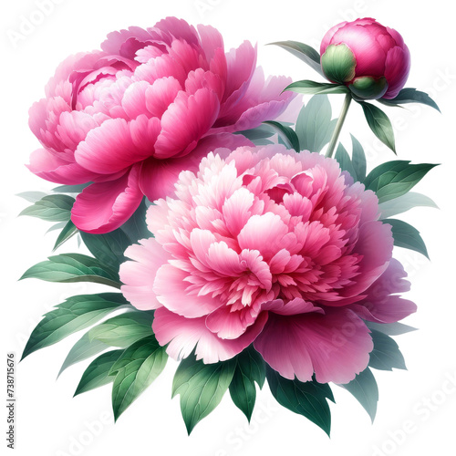 Watercolor Peony Flowers. Pink Peonies PNG