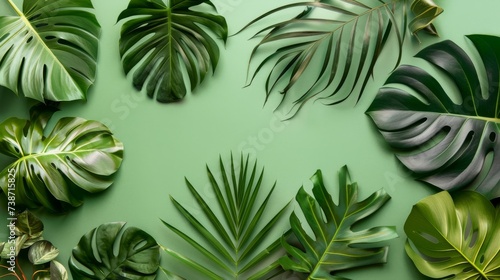 Fresh Mint Green Background with Tropical Leaves in Zoom Lens