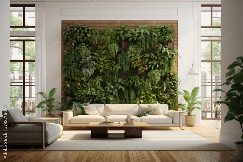 Fototapeta premium Stylish home interior with background from leaves and plants. Plant wall with lush green colors