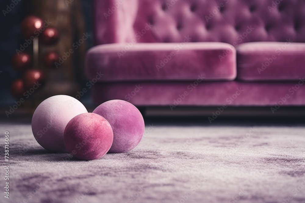 Close-up detailed design of sofa leg with carpet rug, enhancing home interior decor and background Close-up detailed design of sofa leg with carpet rug, enhancing home interior decor and background