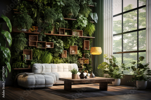 Lounge interior with comfortable sofa. Vertical garden - wall design of green plants. Architecture, decor, eco concept