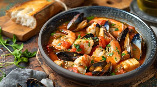 Italian zuppa di pesce seafood stew with fish, clams, mussels, and shrimp in a tomato broth, served with crusty bread photo