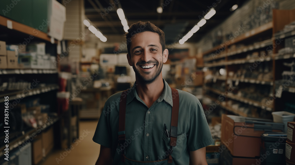 hardware store employee Who smiles happily at work - obrazy, fototapety, plakaty 