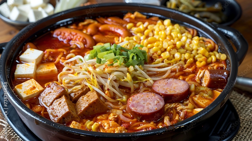 Korean budae jjigae army stew with spam, hot dogs, instant noodles