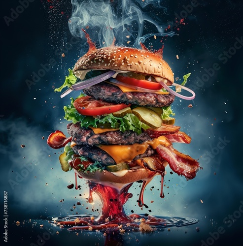 Big hamburger with flying ingredients on dark background. Concept of fast food.