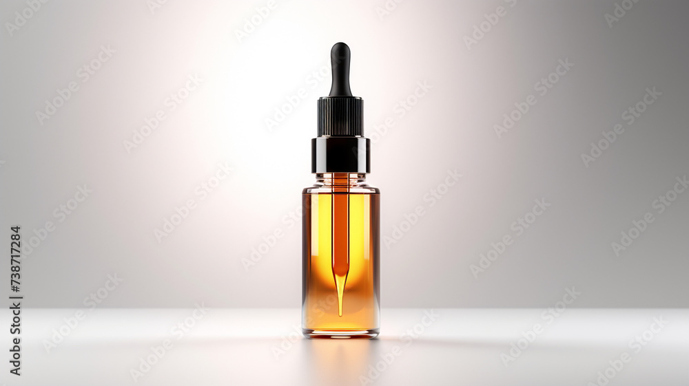 Elegant Glass Dropper Bottle with Golden Serum on Reflective Surface drops skincare laboratory banner mockup.