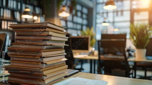 Office Desk With Pile Of  apers Documents Photo With Blured Modern  Office In Background	
 photo