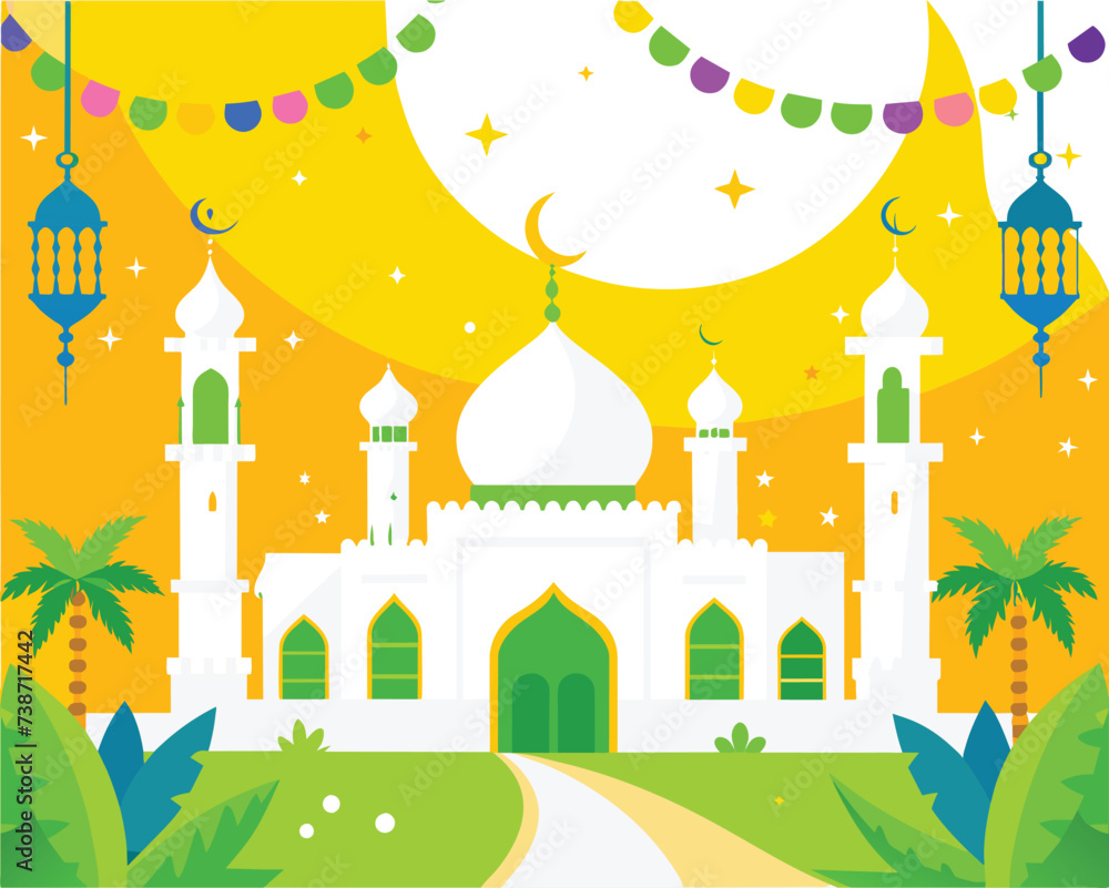 illustration of the beautiful futuristic mosque and ramadan islamic culture icon and with beautiful moon light, The landmark, generative AI