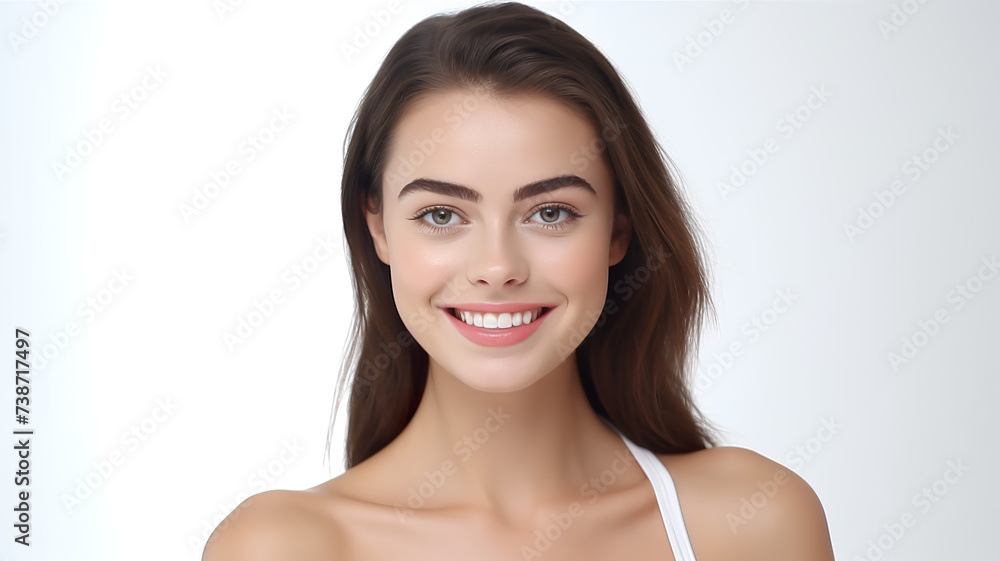 Gorgeous woman with a radiant smile posing alone against a stark white background Gorgeous woman with a radiant smile posing alone against a stark white background