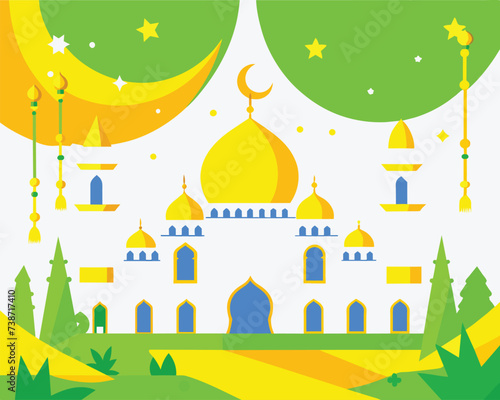 illustration of the beautiful futuristic mosque and ramadan islamic culture icon and with beautiful moon light, The landmark, generative AI