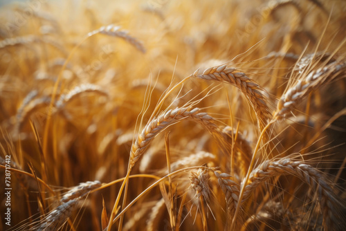 close-up, golden spikelets of wheat, field