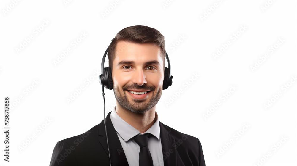 Happy, smiling support phone agent isolated on a white background wearing a headset Happy, smiling support phone agent isolated on a white background wearing a headset