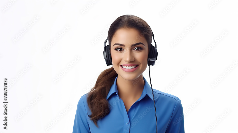 Happy, smiling support phone agent isolated on a white background wearing a headset Happy, smiling support phone agent isolated on a white background wearing a headset
