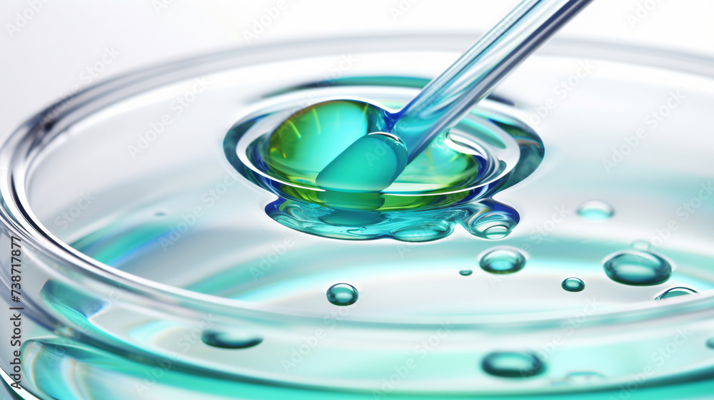 Close-Up of a Serum Drop on Glass Pipette Over a Reflective Surface on petri plate transparent laboratory test. Close-Up of a Serum Drop on Glass Pipette Over a Reflective Surface on petri plate transparent laboratory test.