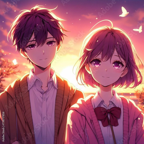 Cute couple in love. Romantic wallpaper. Anime style characters. couple holding hands walking in a park, path, japan, sakura, cartoon. nime couple sitting together. Anime wallpaper.	 photo