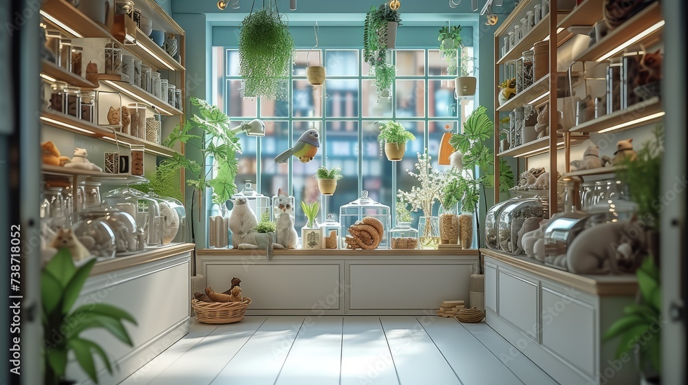 3d render of a pet shop, cat and dog supplies. Generative AI. 3d render of a pet shop, cat and dog supplies. Generative AI.