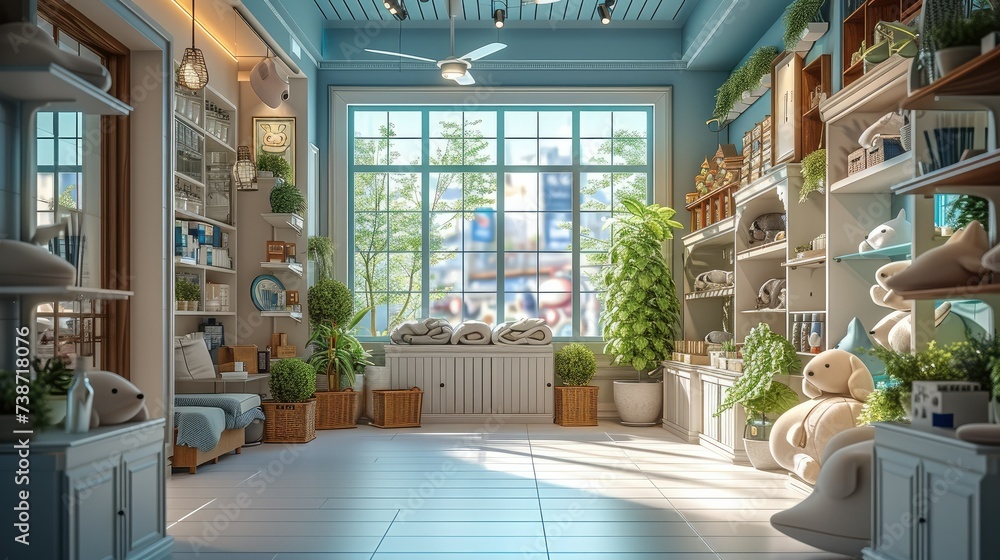 3d render of a pet shop, cat and dog supplies. Generative AI. 3d render of a pet shop, cat and dog supplies. Generative AI.
