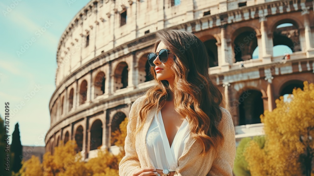 Solo female traveler exploring european summer landmarks and architecture on vacation tour