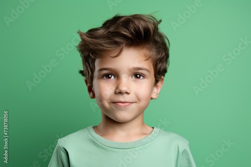 Portrait of a cute little boy in a green t-shirt on a green background