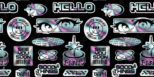 Trendy holographic Y2K sticker seamless pattern. Retro 2000s text quote label background. Iridescent metallic wallpaper with love heart, anime cartoon and party message. Gen z cyber style print.