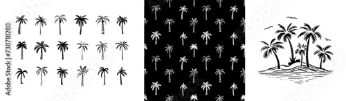 Hand drawn palm tree doodle seamless pattern set. Black and white hawaiian print, summer vacation background collection in vintage art style. Tropical plant painting illustration bundle.