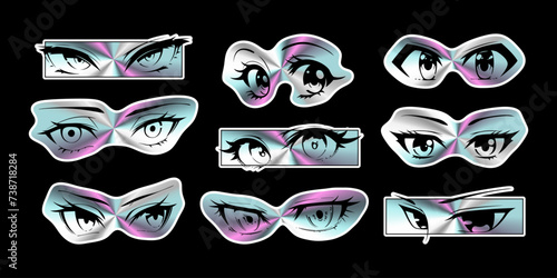 Holographic anime eye sticker set on isolated background. Iridescent manga cartoon character, animation art style bundle. Trendy Y2K eyes, facial expression graphic, diverse metallic comic book label. © Dedraw Studio