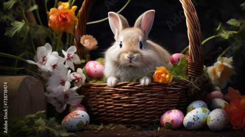 easter bunny is in a basket with colorful eggs