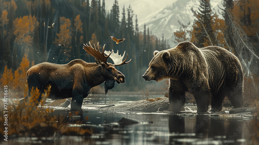 A bear on left a moose on right. Generative AI. - obrazy, fototapety, plakaty 