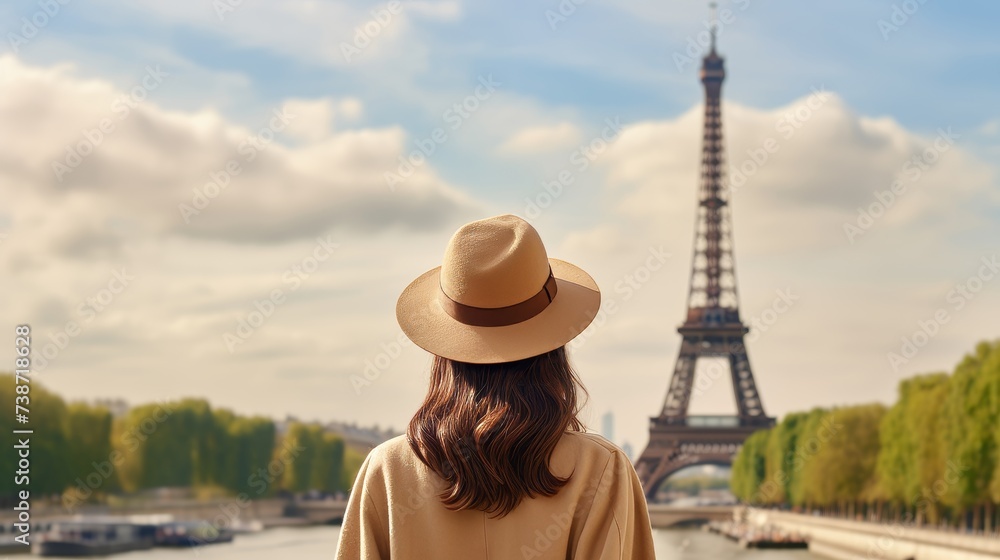 Solo female traveller roaming europe, visiting famous landmarks during summertime vacation