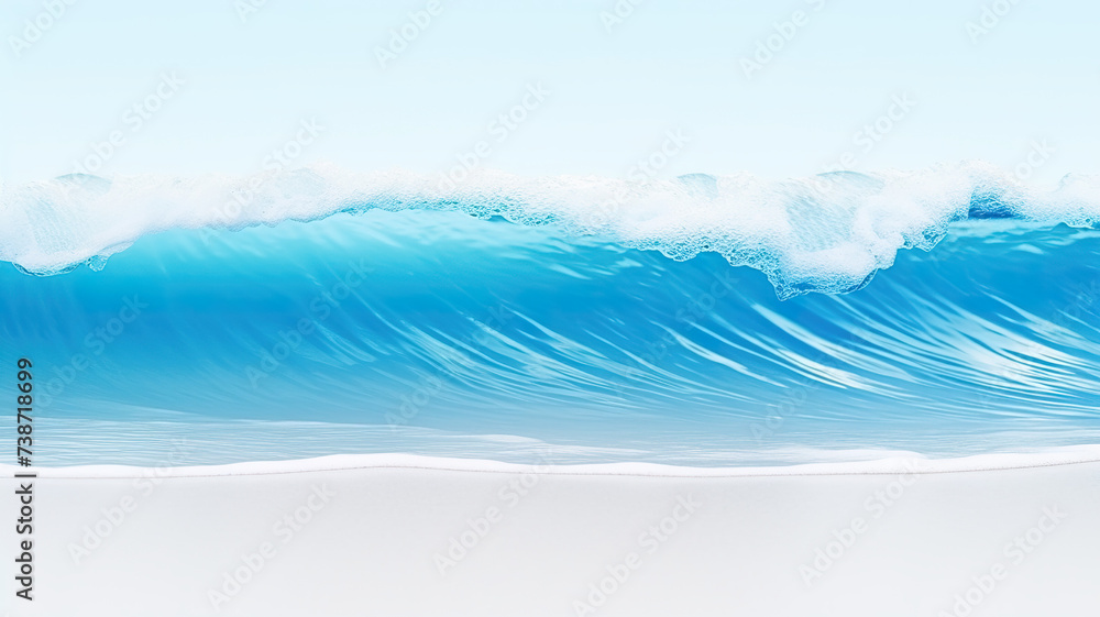 Blue ocean waves isolated on a sandy beach against a stark white background