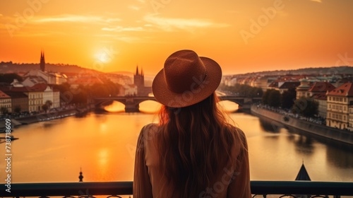 A captivating adventure. solo female traveler exploring europes stunning landmarks in summertime photo