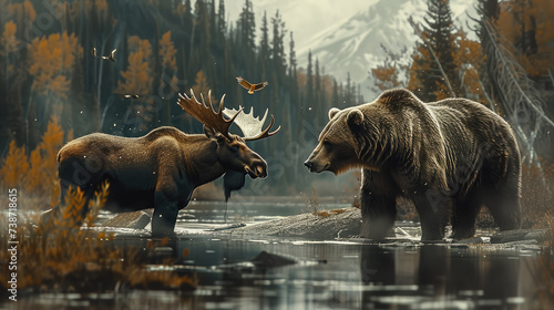 A bear on left a moose on right. Generative AI. © visoot
